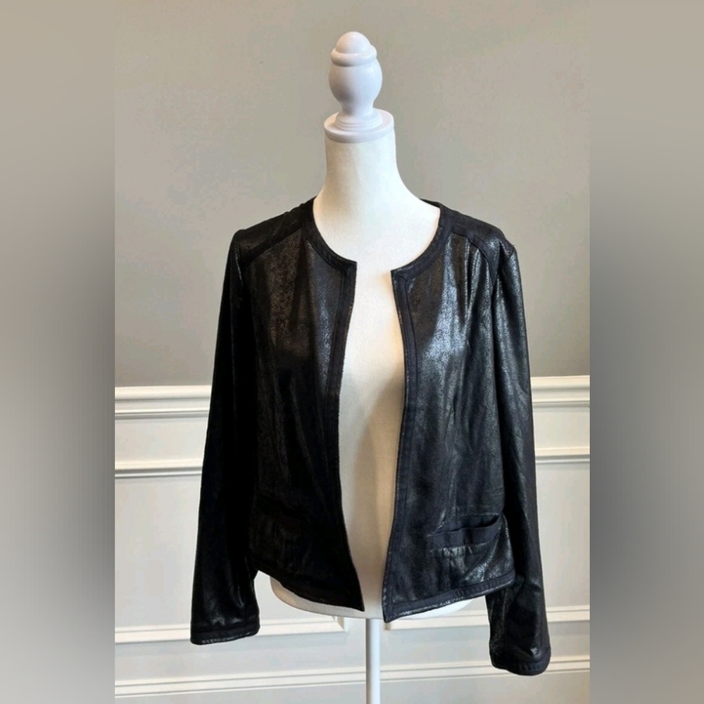 Chico's Size 2 Embossed Black Faux Suede Open Jacket